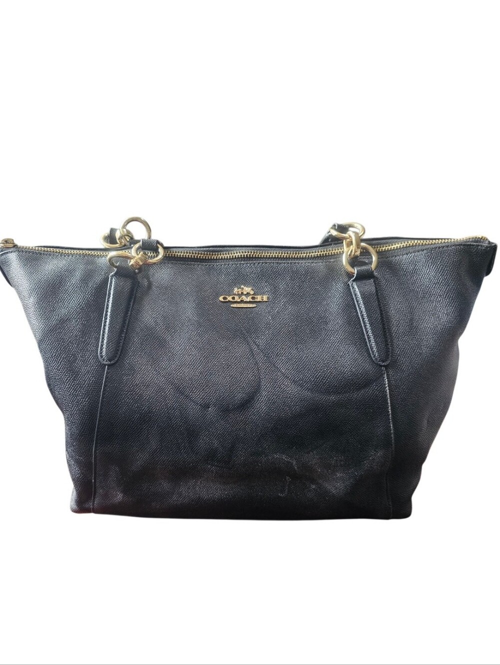 16"×11" black leather Coach shoulder Coach Black Leather Tote with Gold Accents